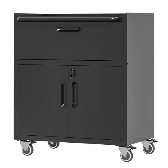 Sturdy and Durable Metal Tool Cabinet for Garage with Wheels - Mobile Heavy-Duty Storage Cabinet with 1 Drawer and 2 Locking Doors, Rolling Tool Storage Cabinet, Black and Gray