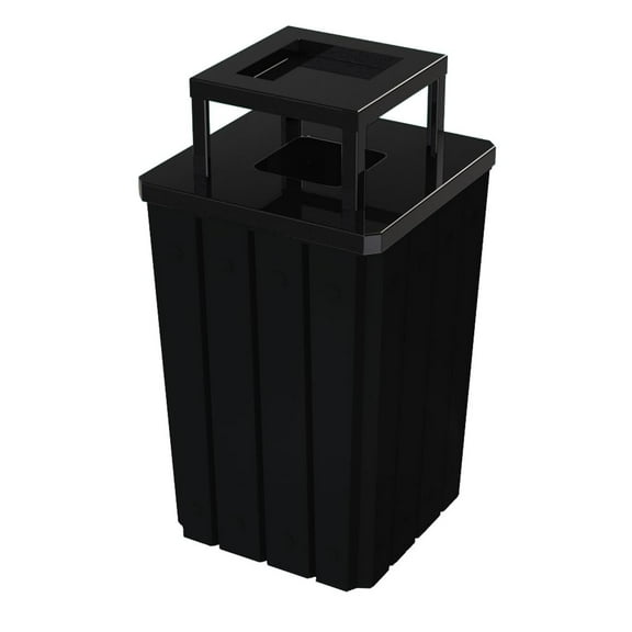 Sturdy Essentials 32 Gallon Square Slated 100% Recycled Plastic Heavy Duty Outdoor Trash Can with Ashtray Top Lid - Black