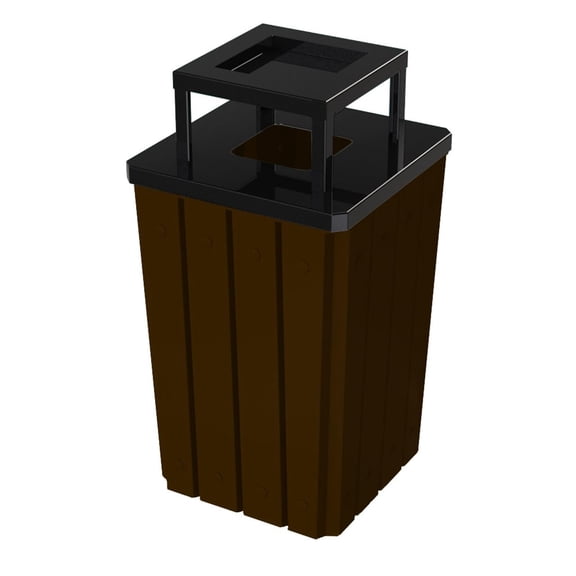 Sturdy Essentials 32 Gallon Square Slated 100% Recycled Plastic Heavy Duty Outdoor Trash Can with Ashtray Top Lid - Brown