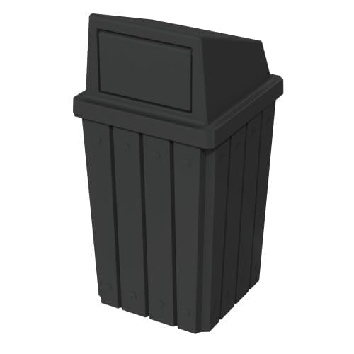 Sturdy Essentials 32 Gallon Square Slated 100% Recycled Plastic Heavy Duty Outdoor Trash Can with Push Top Lid - Black