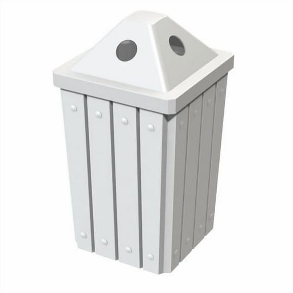 Sturdy Essentials 32 Gallon Square Slated 100% Recycled Plastic Heavy Duty Outdoor Trash Can with Pyramid Lid for Recycling - White