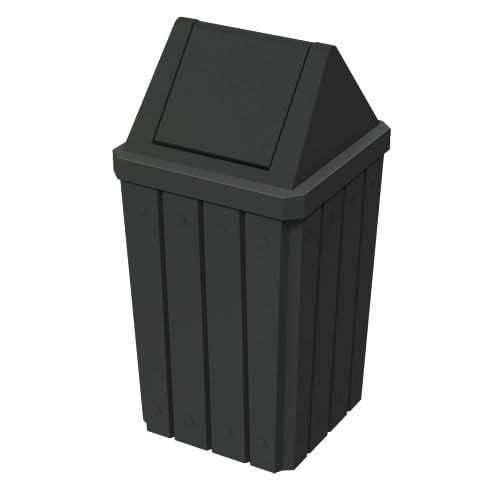 Sturdy Essentials 32 Gallon Square Slated 100% Recycled Plastic Heavy Duty Outdoor Trash Can with Swing Top Lid - Black