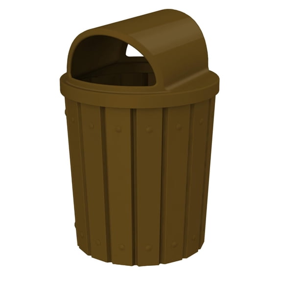 Sturdy Essentials 42 Gallon Slated Circle 100% Recycled Plastic Heavy Duty Outdoor Trash Can with Open Dome Lid and Internal Liner - Brown