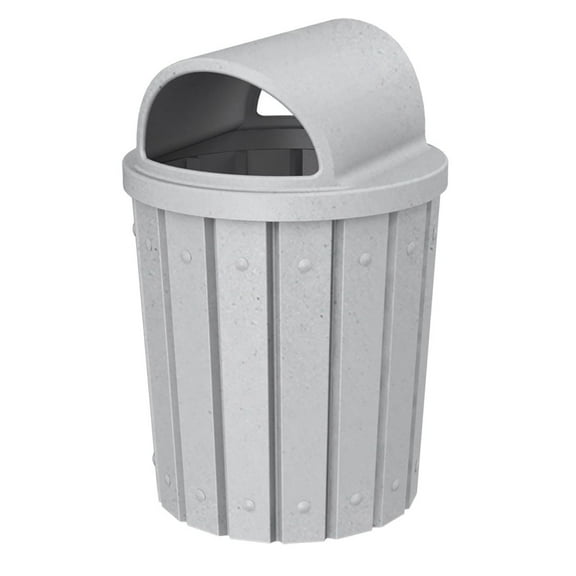 Sturdy Essentials 42 Gallon Slated Circle 100% Recycled Plastic Heavy Duty Outdoor Trash Can with Open Dome Lid and Internal Liner - Light Granite