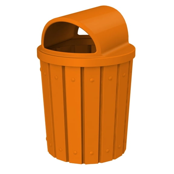 Sturdy Essentials 42 Gallon Slated Circle 100% Recycled Plastic Heavy Duty Outdoor Trash Can with Open Dome Lid and Internal Liner - Orange