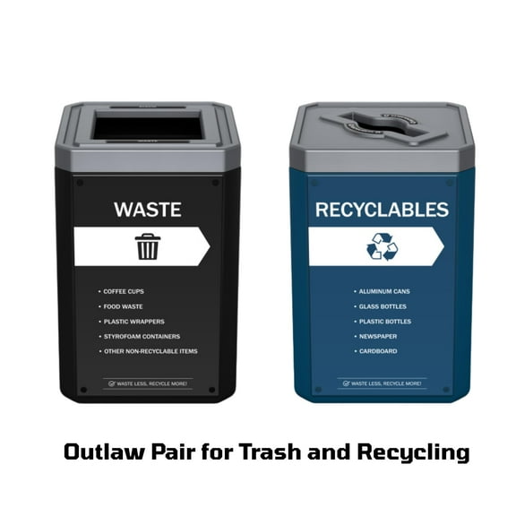 Sturdy Essentials Large 50 Gallon 100% Recycled Plastic Heavy Duty Trash Can and Recycling Bin for Commercial Space with Modern High End Aesthetic Includes Sign - Pair with Sign