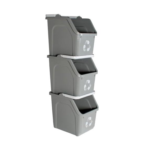 Sturdy Essentials Multi Recycling Bin System with Three Stacking 6 Gallon Bins with Carrying Handles, Stackable and Compact for Offices, Homes, Garages, Businesses - (Grey, 3 Pack)