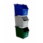 Sturdy Essentials Multi Recycling System with Three 6 Gallon Stackable Bins, 3 Pack, Blue/Grey/Green