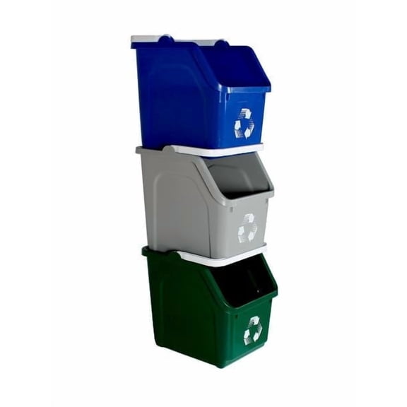 Sturdy Essentials Multi Recycling System with Three 6 Gallon Stackable Bins, 3 Pack, Blue/Grey/Green