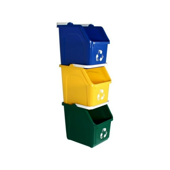 Sturdy Essentials 3-Pack Recycling System with Stackable 5 Gallon Bins, Blue/Yellow/Green