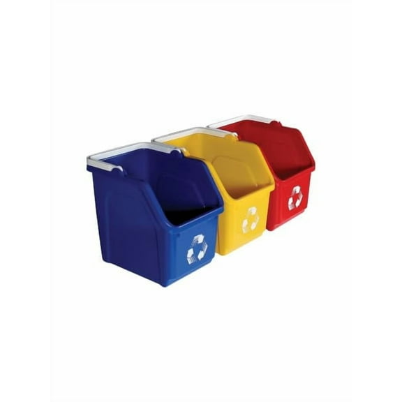Sturdy Essentials Multi Recycling System with Three Stackable 6 Gallon Bins to Build your Recycling Center for Offices, Homes, Garages, Businesses (3 Pack, Blue/Yellow/Red)