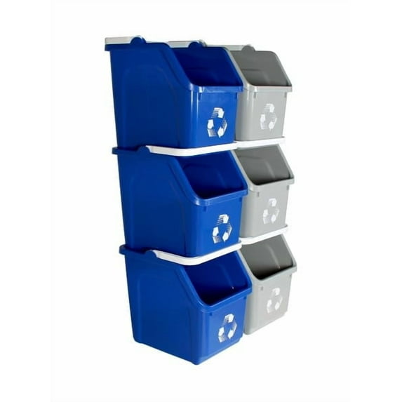 Sturdy Essentials Multi Recycling System, 6 Gallon Stackable Bins, 6 Pack, Blue/Grey