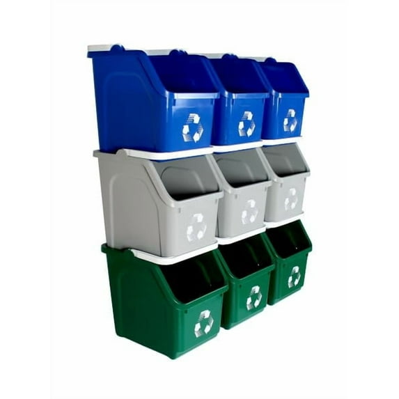 Sturdy Essentials Multi Recycling System, 6 Gallon, 9 Pack, Blue/Grey/Green