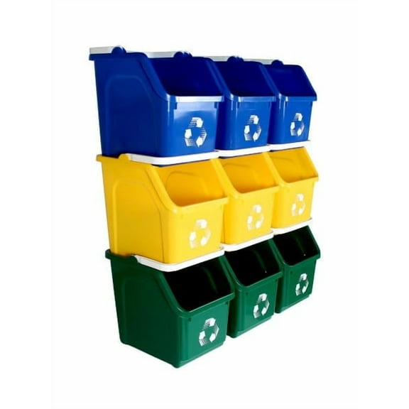 Sturdy Essentials Multi Recycling System, 9-Pack, 6 Gallon Stackable Bins, Blue/Yellow/Green