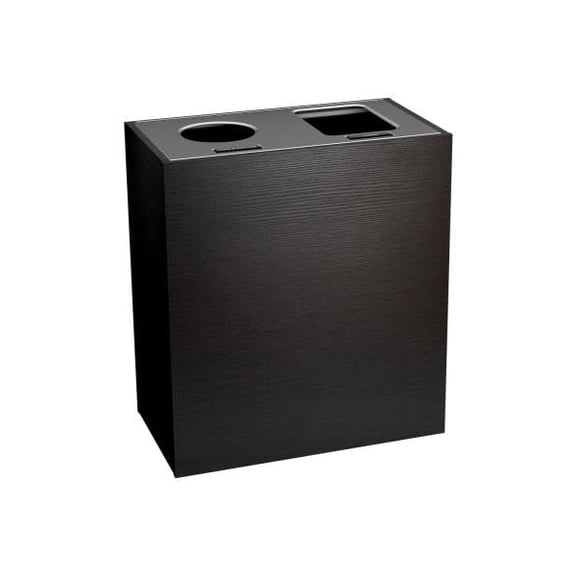 Sturdy Essentials Stratus Series Commercial Recycling and Waste Receptacle Bin Modern Style with Black Wood Finish, Double Bin with Circle Opening for Bottles and Cans and Full Opening for Waste