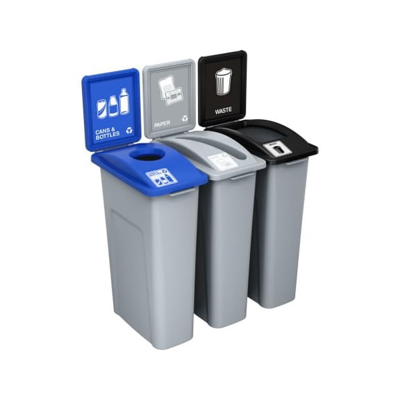Waste Wise 69 Gallon Commercial Trash Cans and Recycling Bin Combo | Slim Trash Cans | Trash Cans for Office, NYC Compliant Trash Bin for Cans & Bottles, Paper, and Waste with Lids with Signs