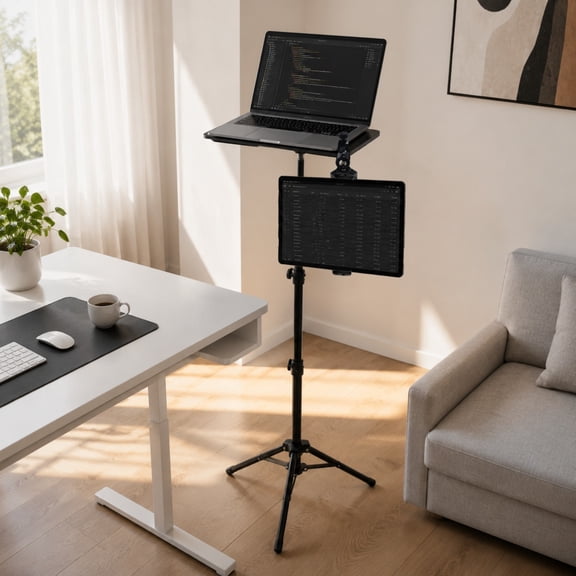Sturdy Foldable Iron Tripod Stand for Projectors, Laptops and Tablets, Equipped with Large Storage Tray, 360 Ball Head and Universal C-Clamp Phone/Tablet Holder, Space Saving Indoor & Outdoor Use