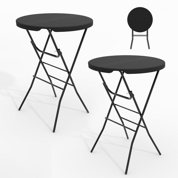 Sturdy Folding Patio Bar Table Set of 2 32" Round HDPE Bistro Dining Table with Metal Frame tabletopspray plastic Black