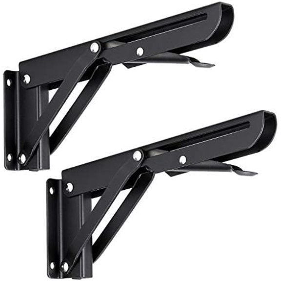 Sturdy Folding Shelf Brackets - Heavy Duty Black Metal Triangle Table Bench Folding Shelf Bracket 8 Inch, 2 Pcs Folding Shelf Hinge Wall Mounted, Max Load 99lb
