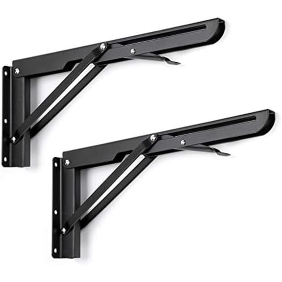 Sturdy Folding Shelf Brackets - Heavy Duty Metal Triangle Table Bench Folding Shelf Brackets, 2 Pcs Folding Shelf Hinge Wall Mounted (12 Inch, Black)