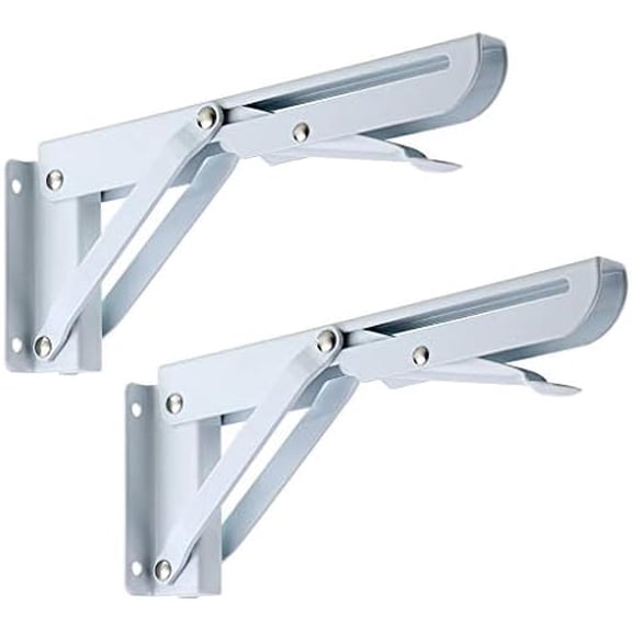 Sturdy Folding Shelf Brackets - Heavy Duty Metal Triangle Table Bench Folding Shelf Brackets, 2 Pcs Folding Shelf Hinge Wall Mounted (8 Inch, White)