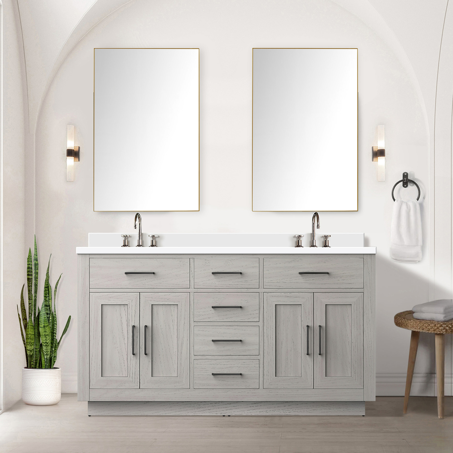 Sturdy Frame Feature - 60 in. W White Oak Double Vanity with Top