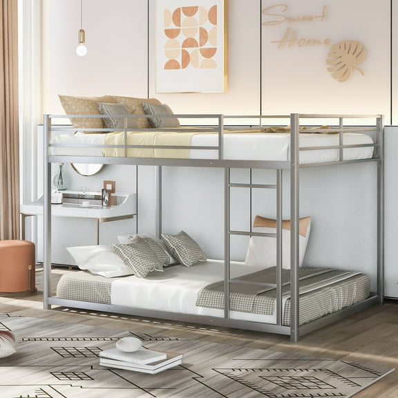 Sturdy Full Over Full Metal Bunk Bed with Ladder, Low Profile Design in Silver, Modern Bedroom Furniture for Space-Saving Living