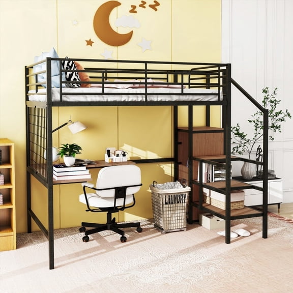 Sturdy Full Size Metal Loft Bed & Desk, Black, Lateral Storage Ladder & Wardrobe