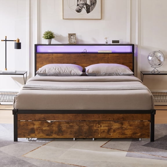 Metal Full Size Platform Bed with Wooden Headboard & Footboard, USB/Charging, 2 Under-Bed Drawers & LED Lights (600 LBS Capacity, Easy to Set Up)