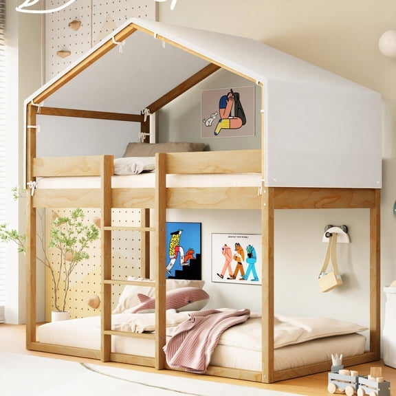 Sturdy & Fun Twin Bunk Bed with Tent - Natural