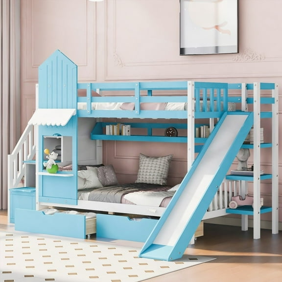 Sturdy & Fun Twin-Over-Twin Castle Bed - 2 Drawers 3 Shelves & Slide - Blue