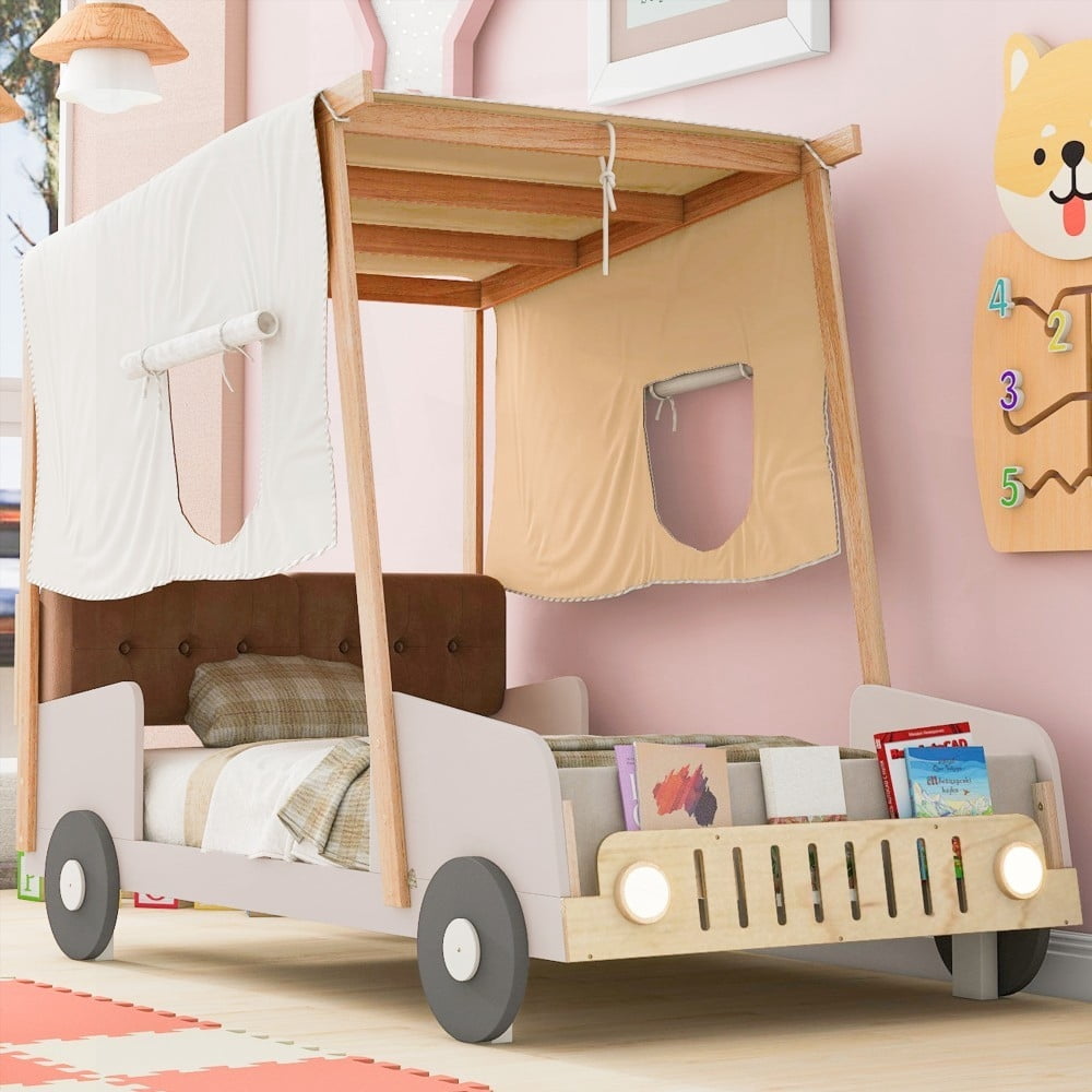 Twin Size Car Bed with Natural Wood and Fun Car Light LED
