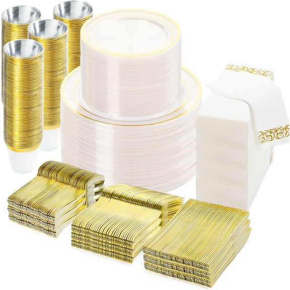 Sturdy Gold Plastic Dinnerware Set with 700PCS for Weddings and Parties