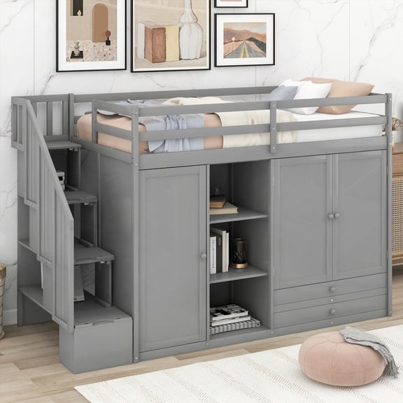 Sturdy Gray Loft Bed Offering 3 Shelves, 2 Wardrobes & 2 Drawers with Ladder Storage!