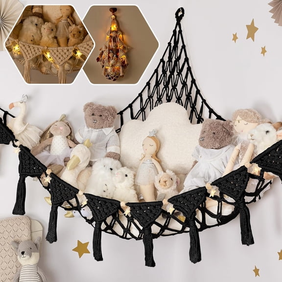 Sturdy Handcrafted Stuffed Animal Hammock with 4mm Double Macrame Cord, Natural Cotton Plushie Net and LED Light in Ice Cream Design