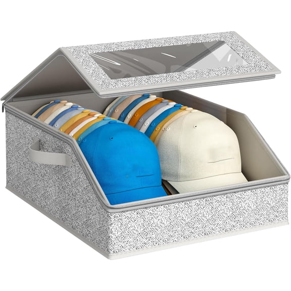 Sturdy Hat Storage for Baseball Caps, Holds up to 24 Caps Clear Hat Organizer for Closet, Bedroom, Wide Hat Box with Cardboard (Grey)