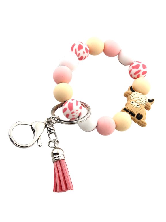 Stylish Highlands Cow Silicone Beaded Keychain Wristlet Pendant Keyrings Adornment for Pattern Enthusiasts