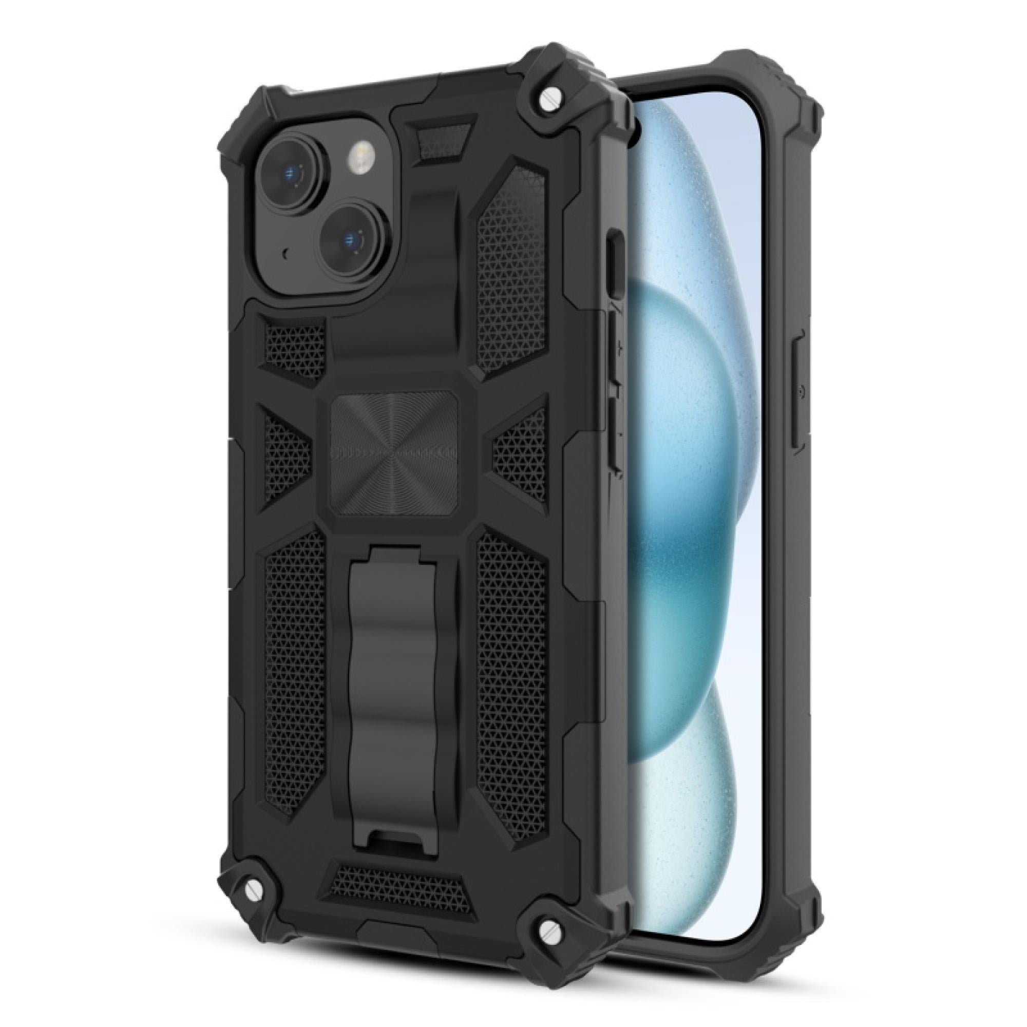 Sturdy Hybrid Protective Phone Case with Kickstand for Apple iPhone 15 (6.1") – Dual-Layer Shock-Absorbing Cover, Black