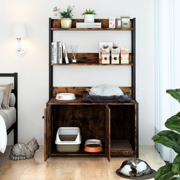 Sturdy Indoor Cat Cabinet with Double Doors / Easy Clean and Convenient Litter Replacement