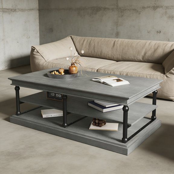 Sturdy Industrial Gray Coffee Table with 3 Open Shelves, Heavy-Duty Metal Frame Rectangular Living Room Table, Rustic Wood Look for Home & Office