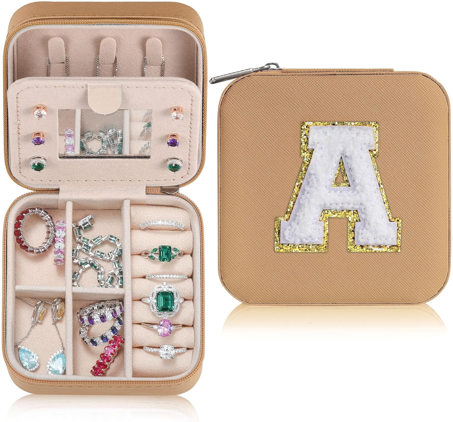 Sturdy Jewelry Organizer Box, Preppy Stuff For Teen Girls, Trendy Green Initial Travel Jewelry Case For Necklace, Earring, Rings Gifts For Women Girls - Letter A, Khaki[Z1]
