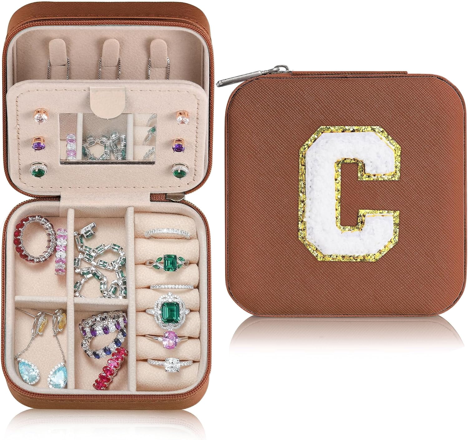 Sturdy Jewelry Organizer Box, Preppy Stuff For Teen Girls, Trendy Green Initial Travel Jewelry Case For Necklace, Earring, Rings Gifts For Women Girls - Letter C, Brown[Z1]