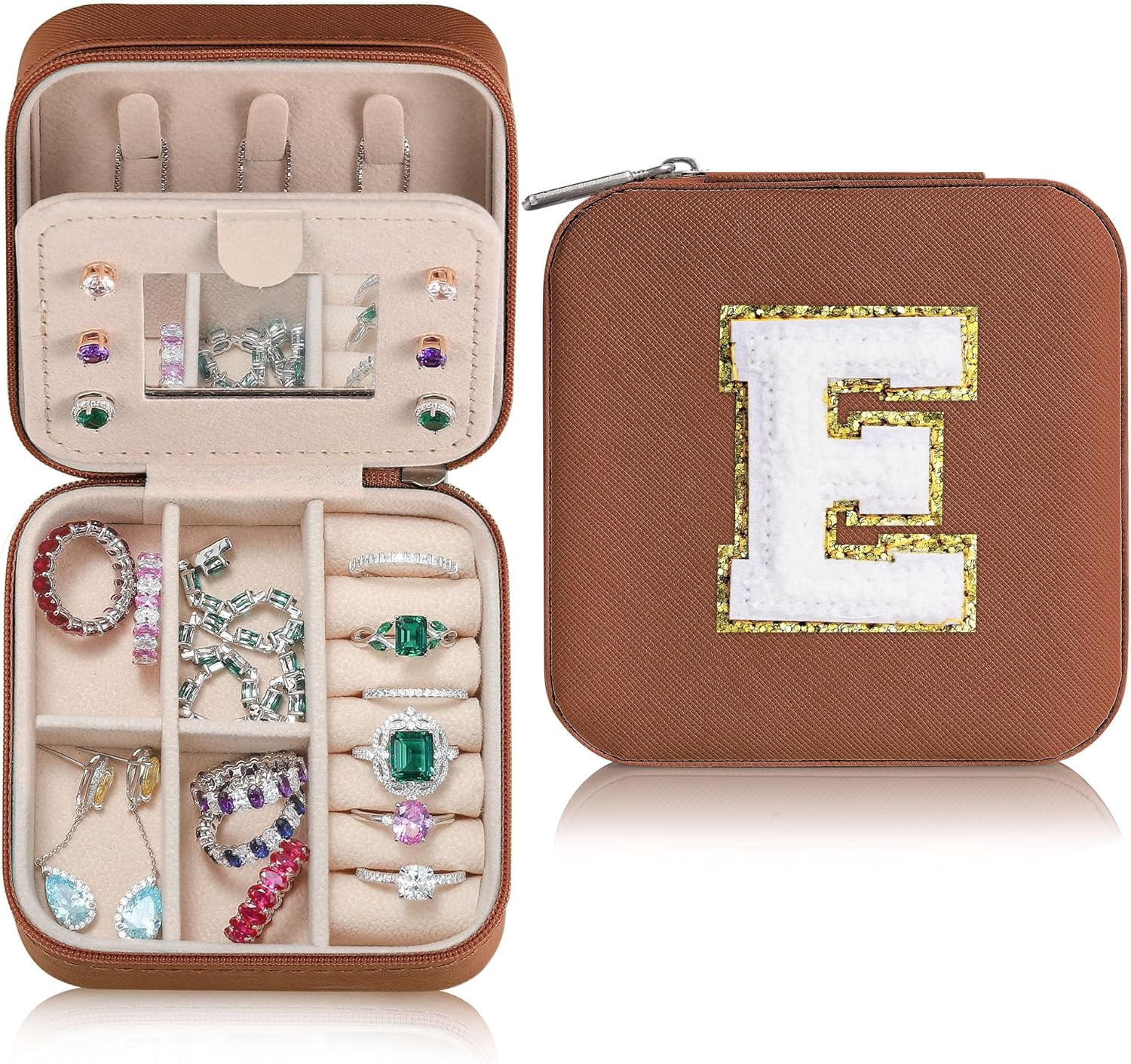 Sturdy Jewelry Organizer Box, Preppy Stuff For Teen Girls, Trendy Green Initial Travel Jewelry Case For Necklace, Earring, Rings Gifts For Women Girls - Letter E, Brown[Z1]