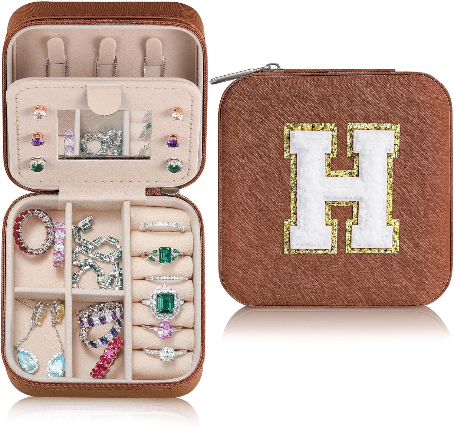 Sturdy Jewelry Organizer Box, Preppy Stuff For Teen Girls, Trendy Green Initial Travel Jewelry Case For Necklace, Earring, Rings Gifts For Women Girls - Letter H, Brown[Z1]