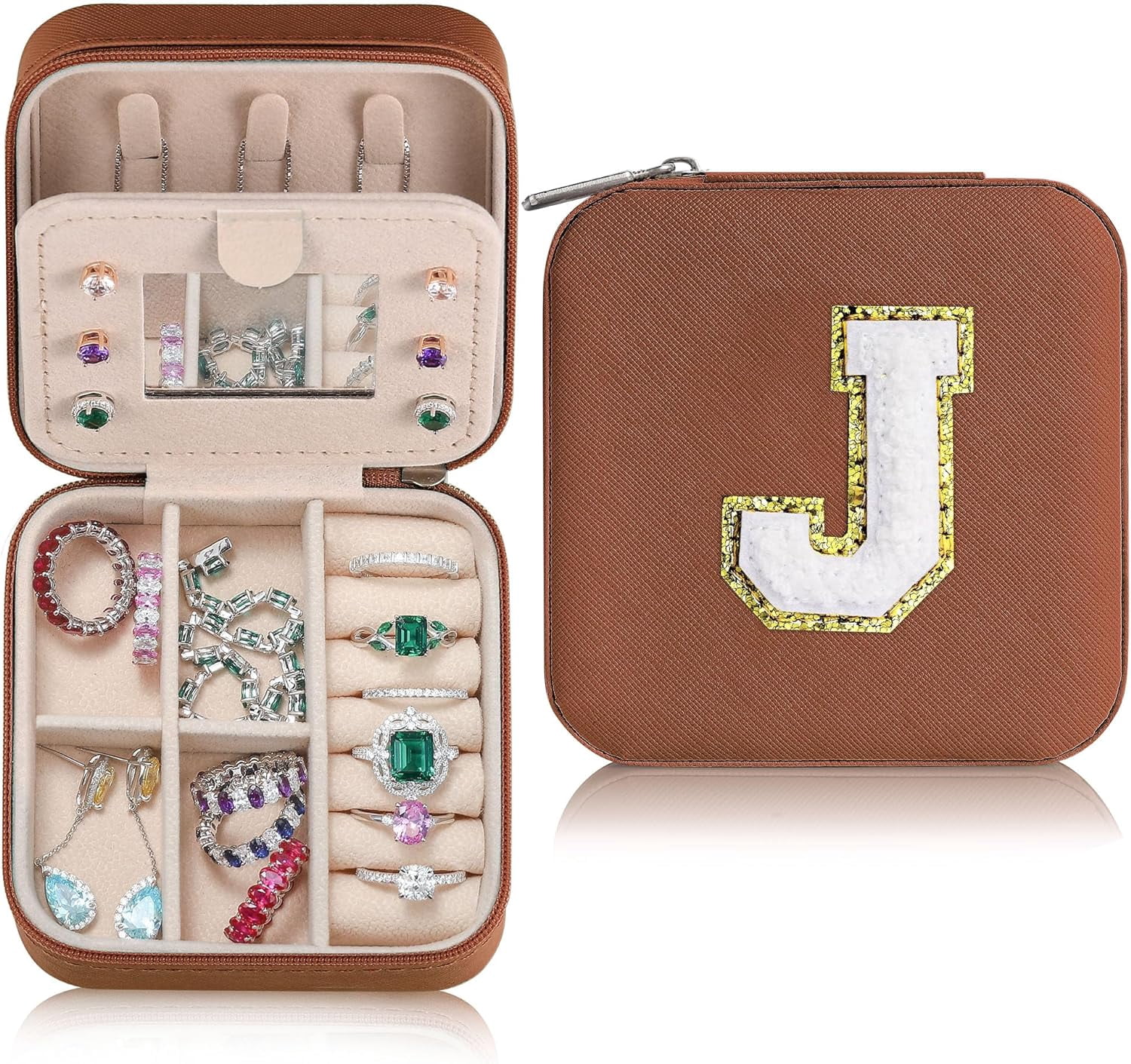 Sturdy Jewelry Organizer Box, Preppy Stuff For Teen Girls, Trendy Green Initial Travel Jewelry Case For Necklace, Earring, Rings Gifts For Women Girls - Letter J, Brown[Z1]