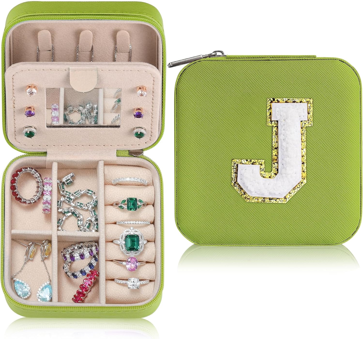 Sturdy Jewelry Organizer Box, Preppy Stuff For Teen Girls, Trendy Green Initial Travel Jewelry Case For Necklace, Earring, Rings Gifts For Women Girls - Letter J, Light Green[Z1]
