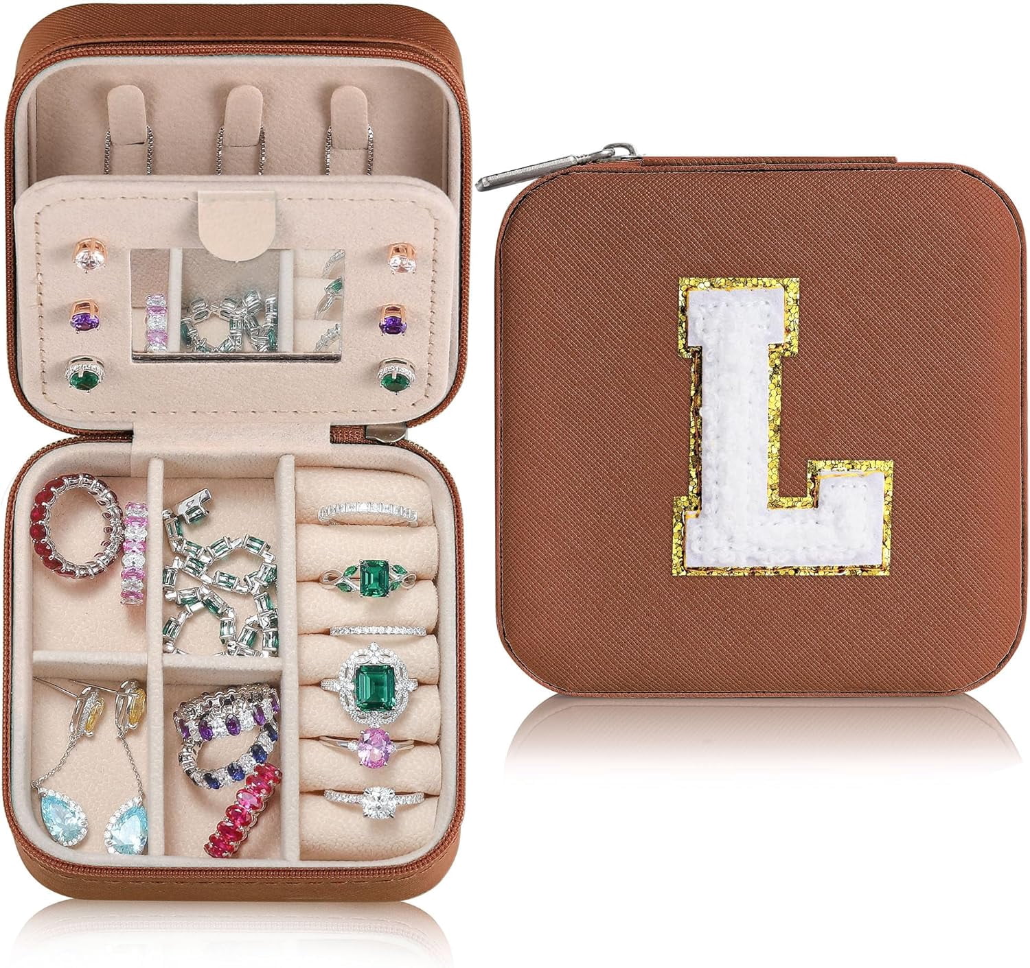 Sturdy Jewelry Organizer Box, Preppy Stuff For Teen Girls, Trendy Green Initial Travel Jewelry Case For Necklace, Earring, Rings Gifts For Women Girls - Letter L, Brown[Z1]