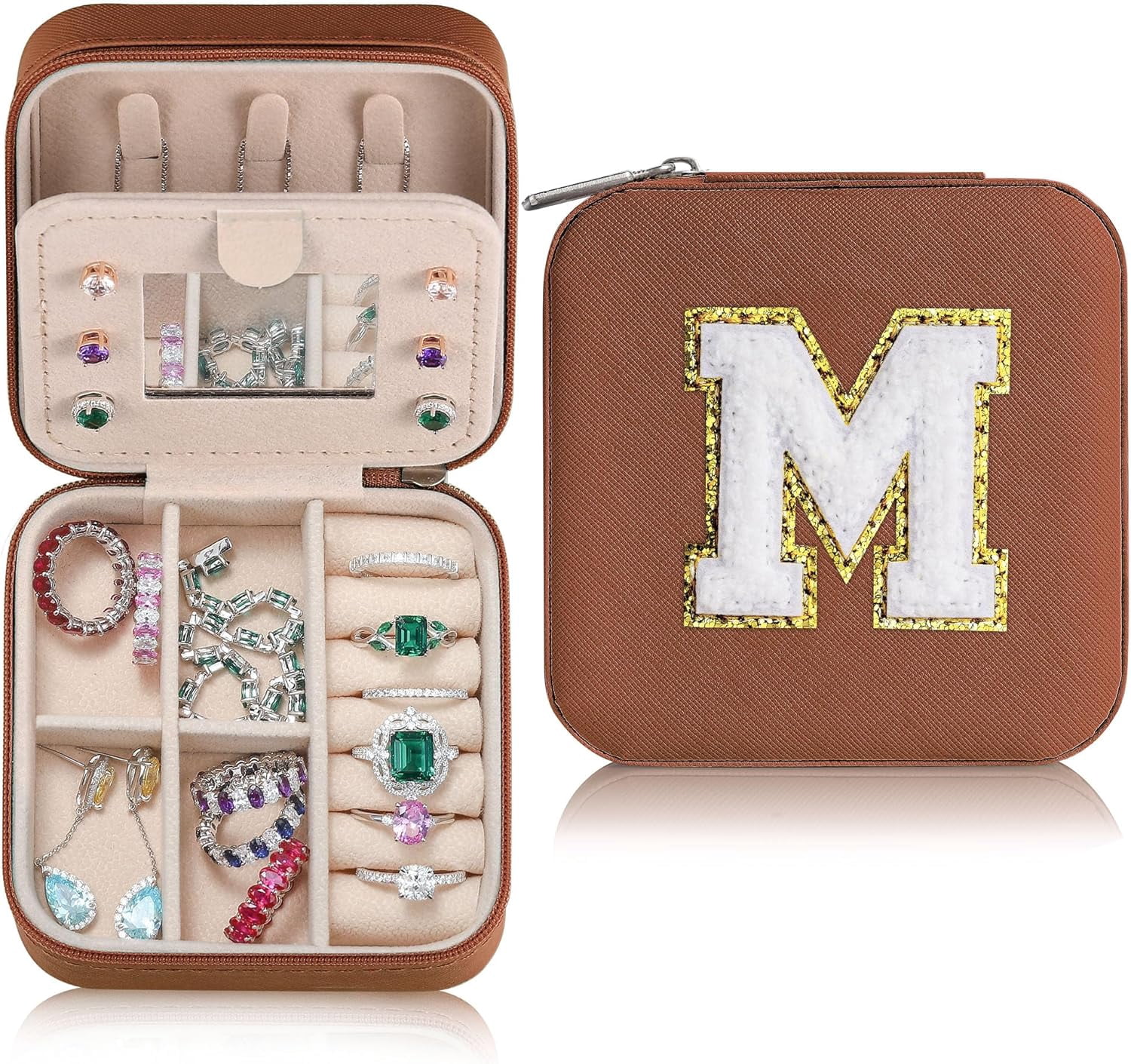 Sturdy Jewelry Organizer Box, Preppy Stuff For Teen Girls, Trendy Green Initial Travel Jewelry Case For Necklace, Earring, Rings Gifts For Women Girls - Letter M, Brown[Z1]