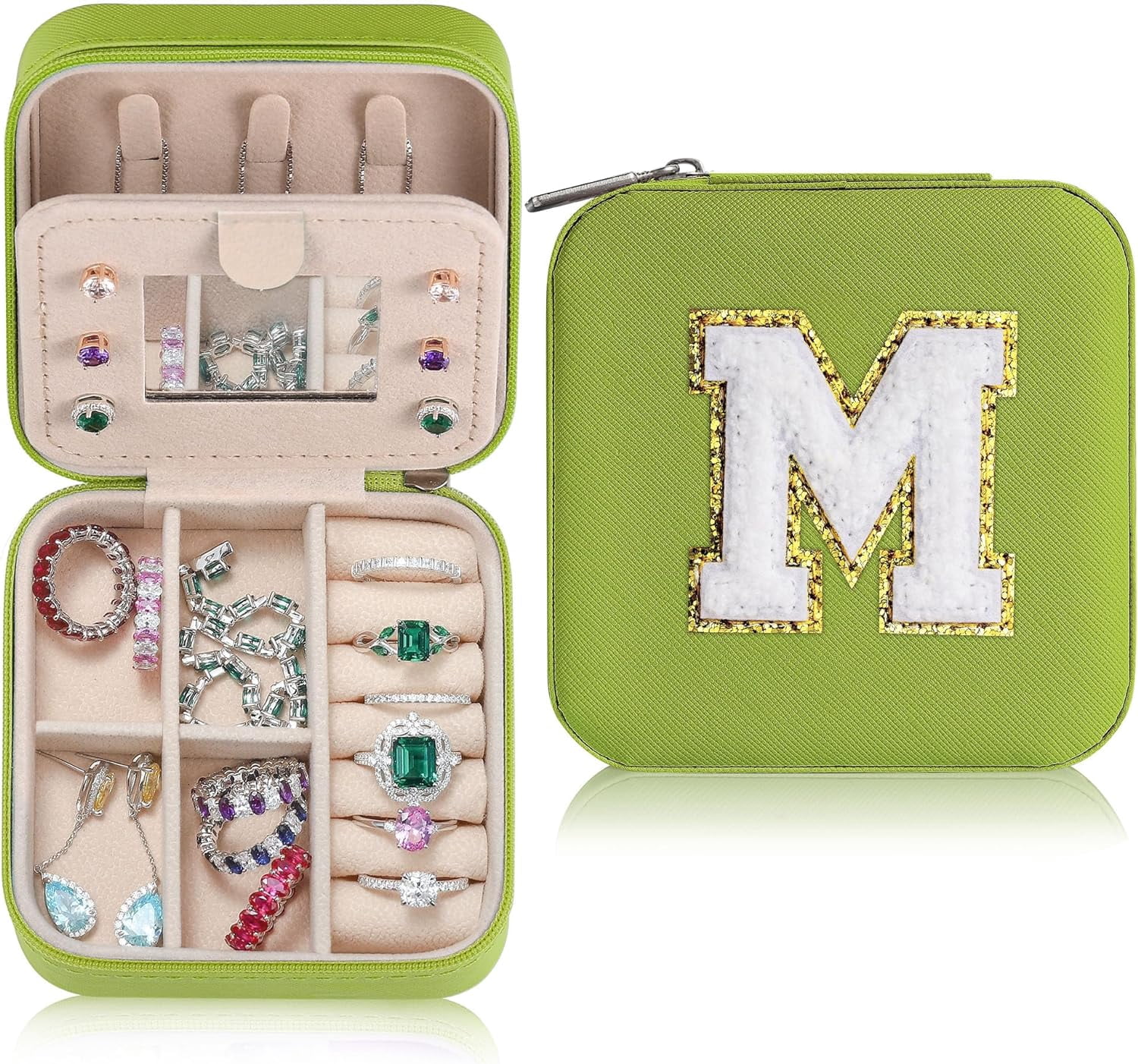 Sturdy Jewelry Organizer Box, Preppy Stuff For Teen Girls, Trendy Green Initial Travel Jewelry Case For Necklace, Earring, Rings Gifts For Women Girls - Letter M, Light Green[Z1]