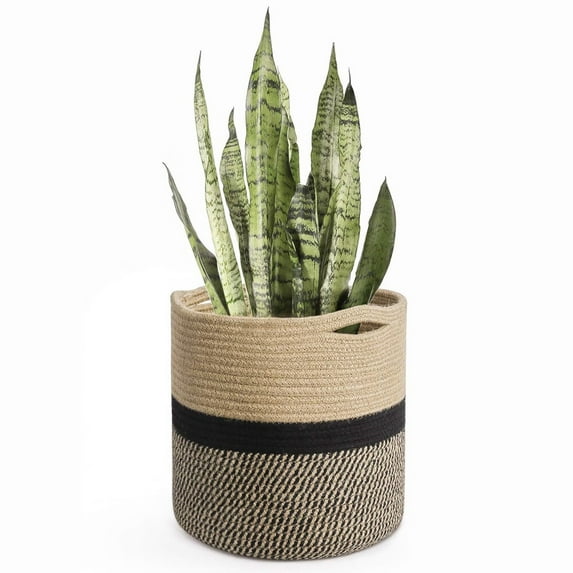Sturdy Jute Rope Plant Basket Modern Woven Basket for 10" Flower Pot Floor Indoor Planters,11” x 11” Storage Organizer Basket Rustic Home Decor,Black and Beige Stripes